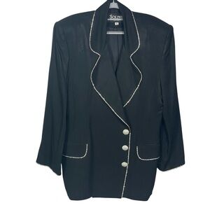 Vtg Solini New York Black Crepe Rhinestone Trim Three Button Blazer Jacket Sz 16